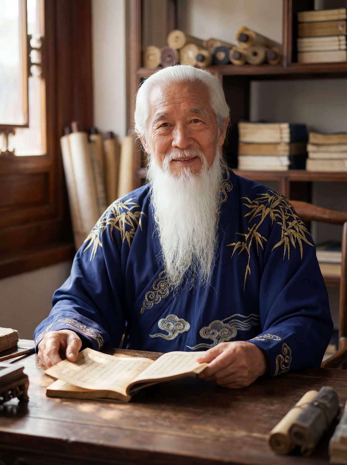 Master Lee, a 22nd-generation Qi Men Dun Jia practitioner, seated at a desk with manuscripts and scrolls