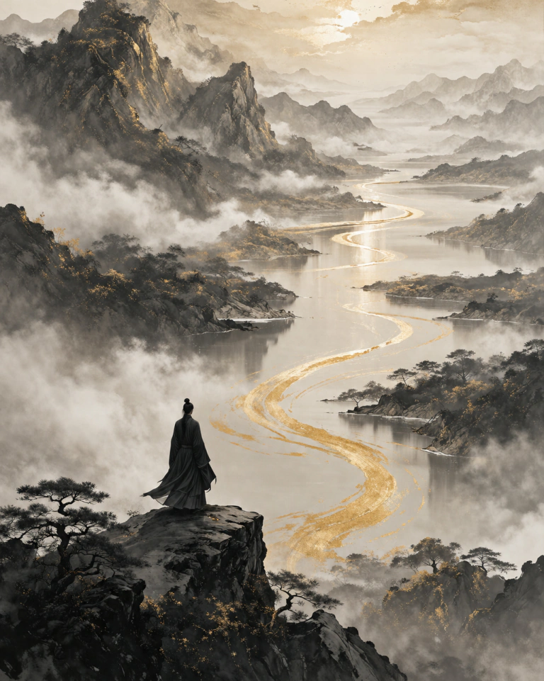 Situation Shift illustration for a Qi Men Dun Jia analysis, with a solitary figure overlooking a golden mountain path