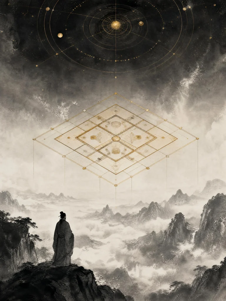 Rolling 12-Month Qi Men Dun Jia strategy illustrated by a celestial chart above misty mountains